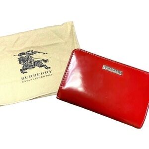 BURBERRY RED Patent Leather Wallet VINTAGE Full Zipper and Snap Closure
